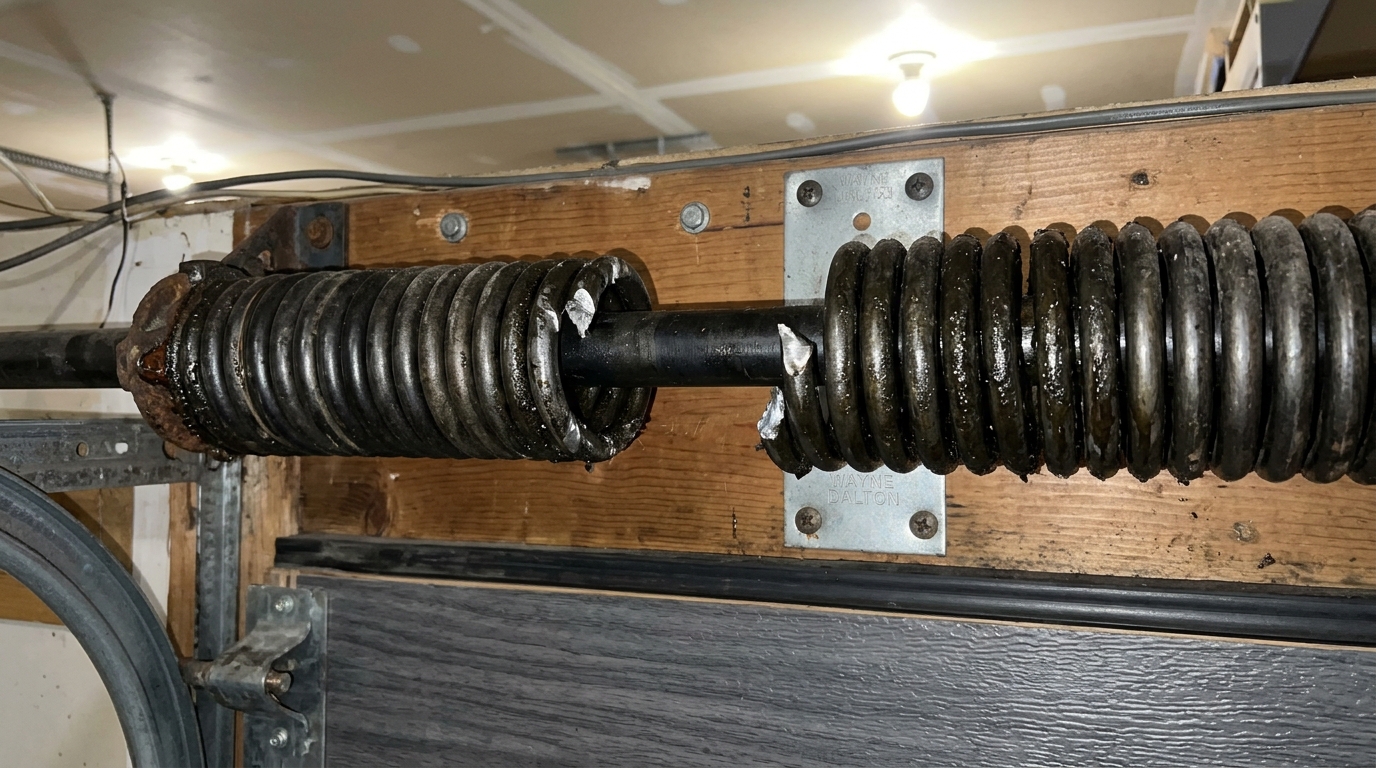 Fractured counterbalance spring showing severe coil separation gap above garage header in Aurora, IL