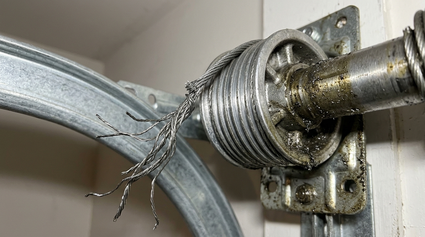 Snapped 7x19 aircraft lift cable detached from aluminum drum resulting in crooked off-track overhead door