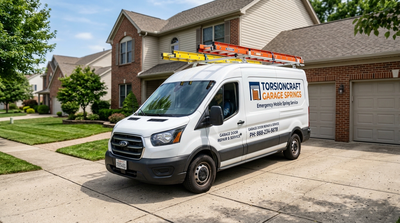 Emergency mobile service truck on-site for immediate overhead door repair dispatch