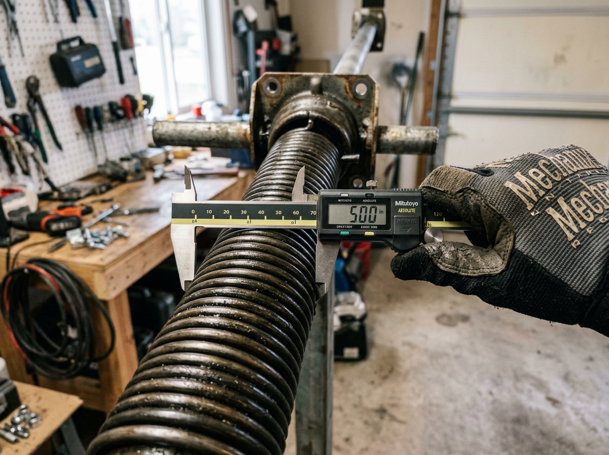 Micrometer caliper measurement verifying DASMA 20-coil wire gauge for overhead door counterbalance springs