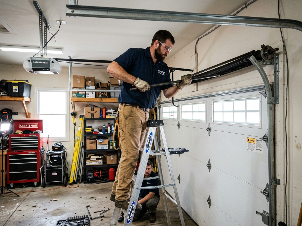 Certified overhead door technician winding counterbalance spring assembly with solid steel winding bars
